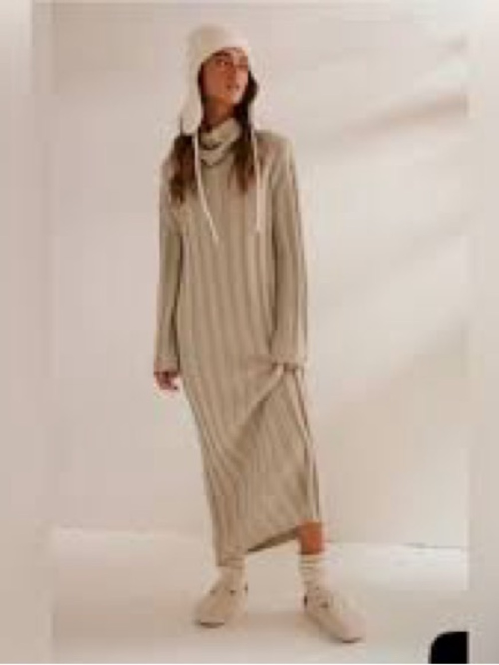FP Beach Cozy Ribbed Turtleneck Maxi Dress in Beige